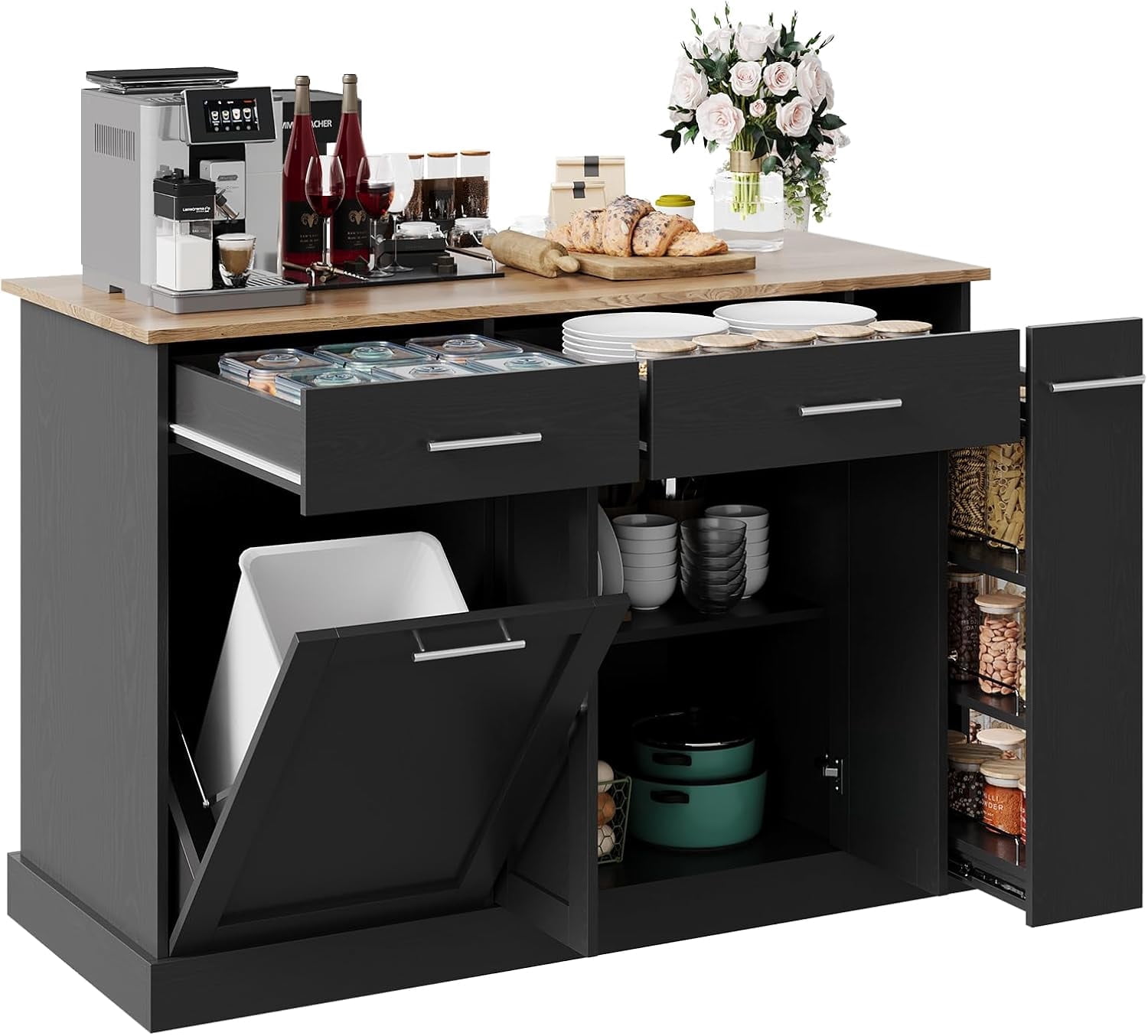 DreamCurship 52" Kitchen Island with Storage, Rolling Kitchen Cart Island with Wheels, Tilt Out Kitchen Trash Cabinet 10 Gallon Storage, 3 Large Spice Racks and 2 Drawers, Black and Brown