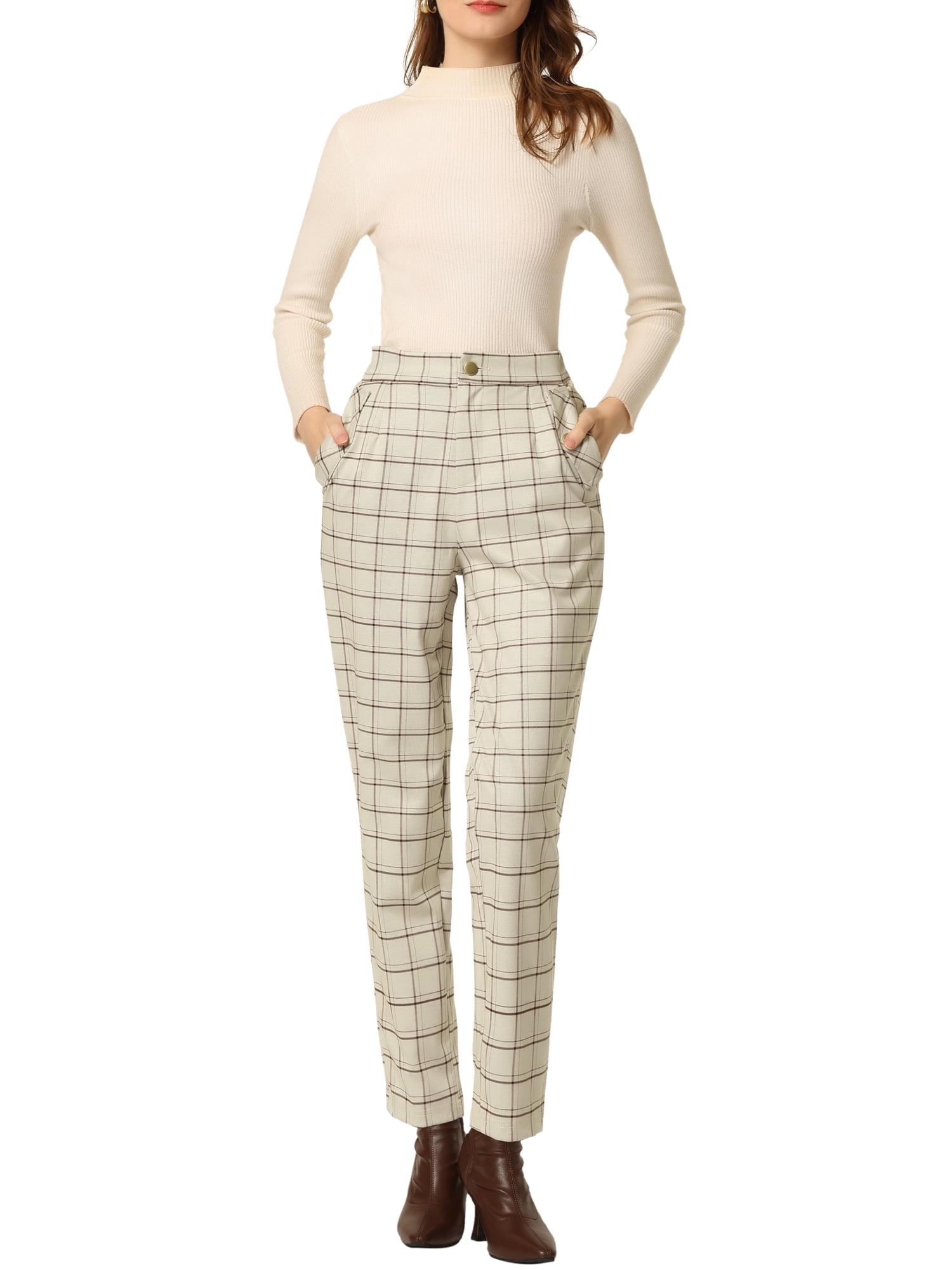 DARING DIVA Women's Tartan Plaid Pants Elastic Waist Straight Trousers XS Beige
