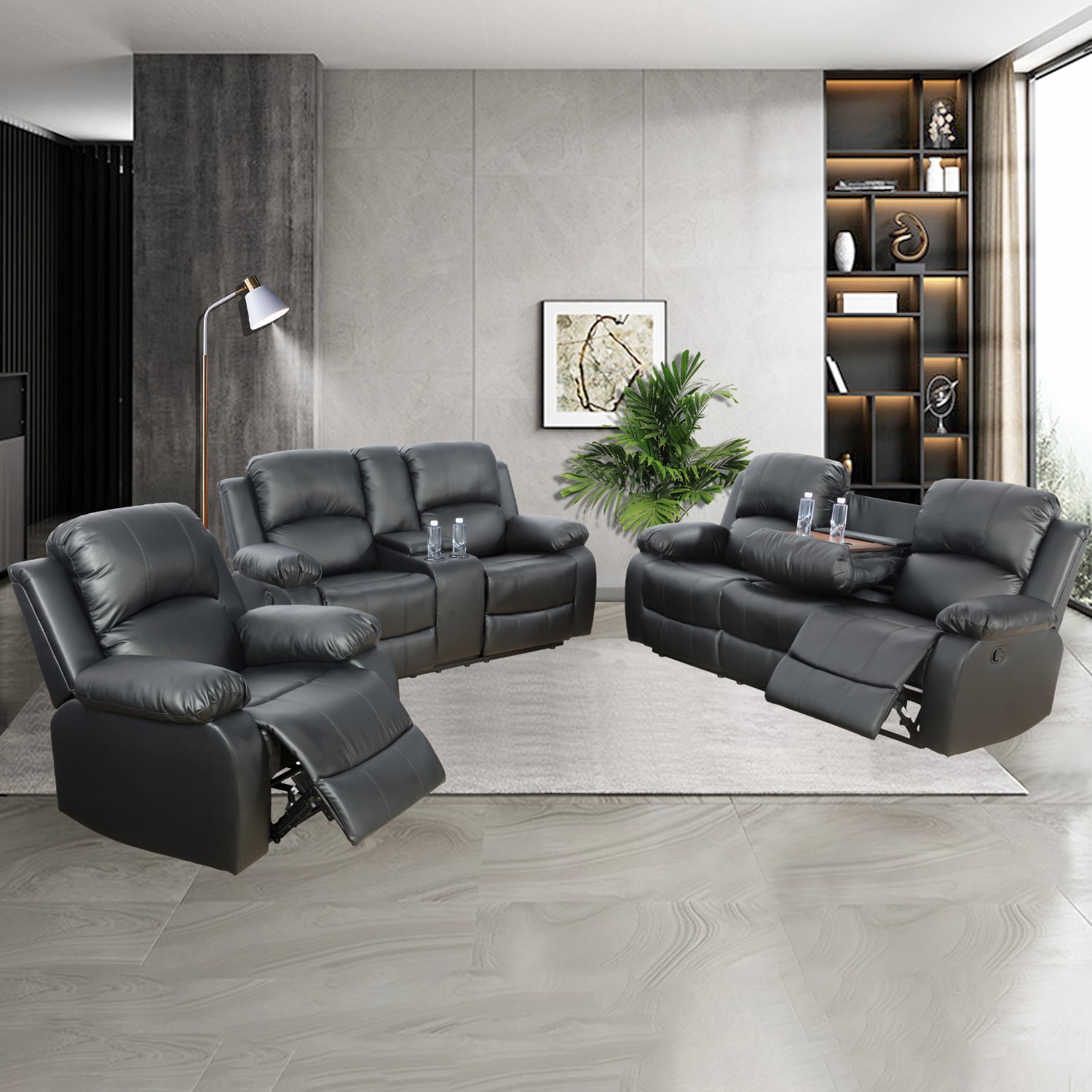 Lumary 3 Piece Glam Leather Reclining Living Room Set Black