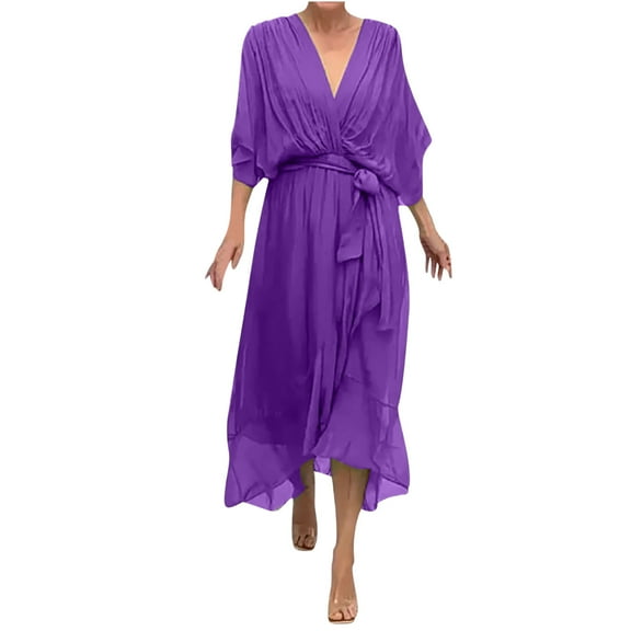 Mingw Womens Wedding Guest Dress Summer Dress for Women Casual Dressy Flutter Short Sleeve Graduation Dresses ,L,Purple