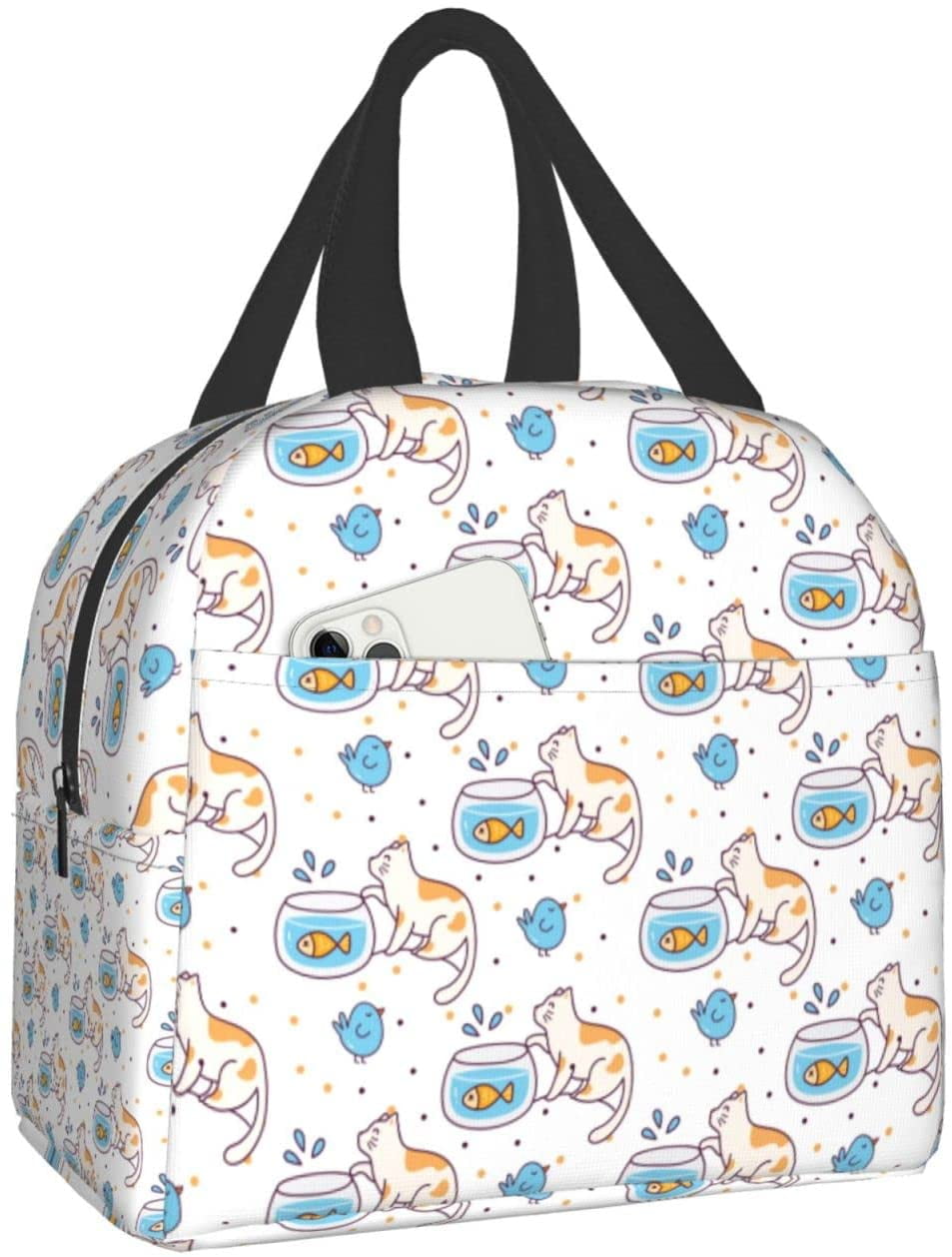 NICKSUN Cartoon Cat and Fish Pattern Lunch Bag, Insulated Portable