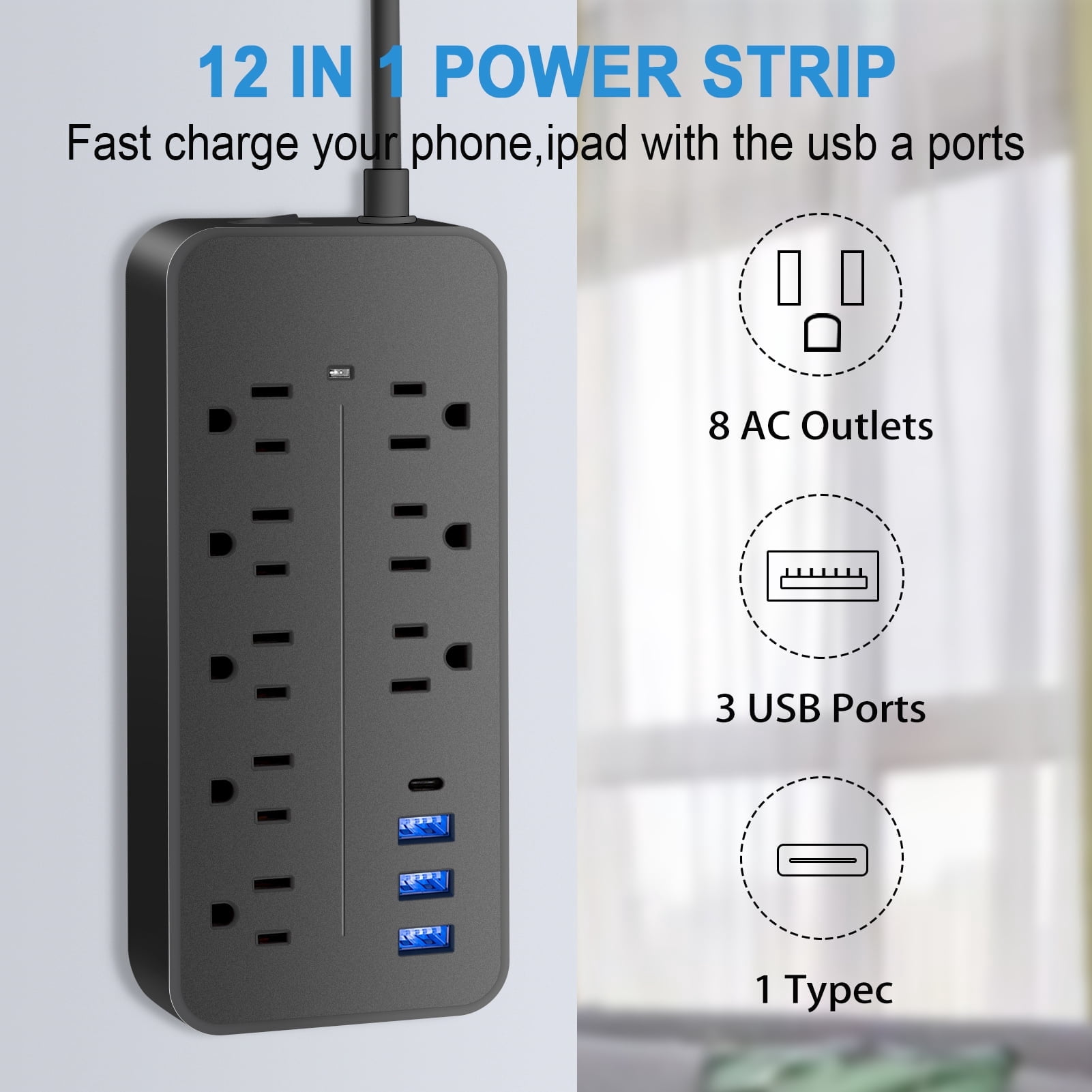 10ft Cord 4 USB Ports (1 USB C) Surge Protector Power Strip, Extension Cord for Home Office, ETL Listed, Black