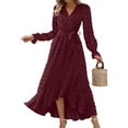 thumbnail image 2 of WTOBBY Women's Summer Fashion Long Sleeve Solid Color Dot Boho Corset Dress Bohemian Style with Waist Accent for Festive Outings Lightweight and Chic Seasonal Wear,Wine L, 2 of 4