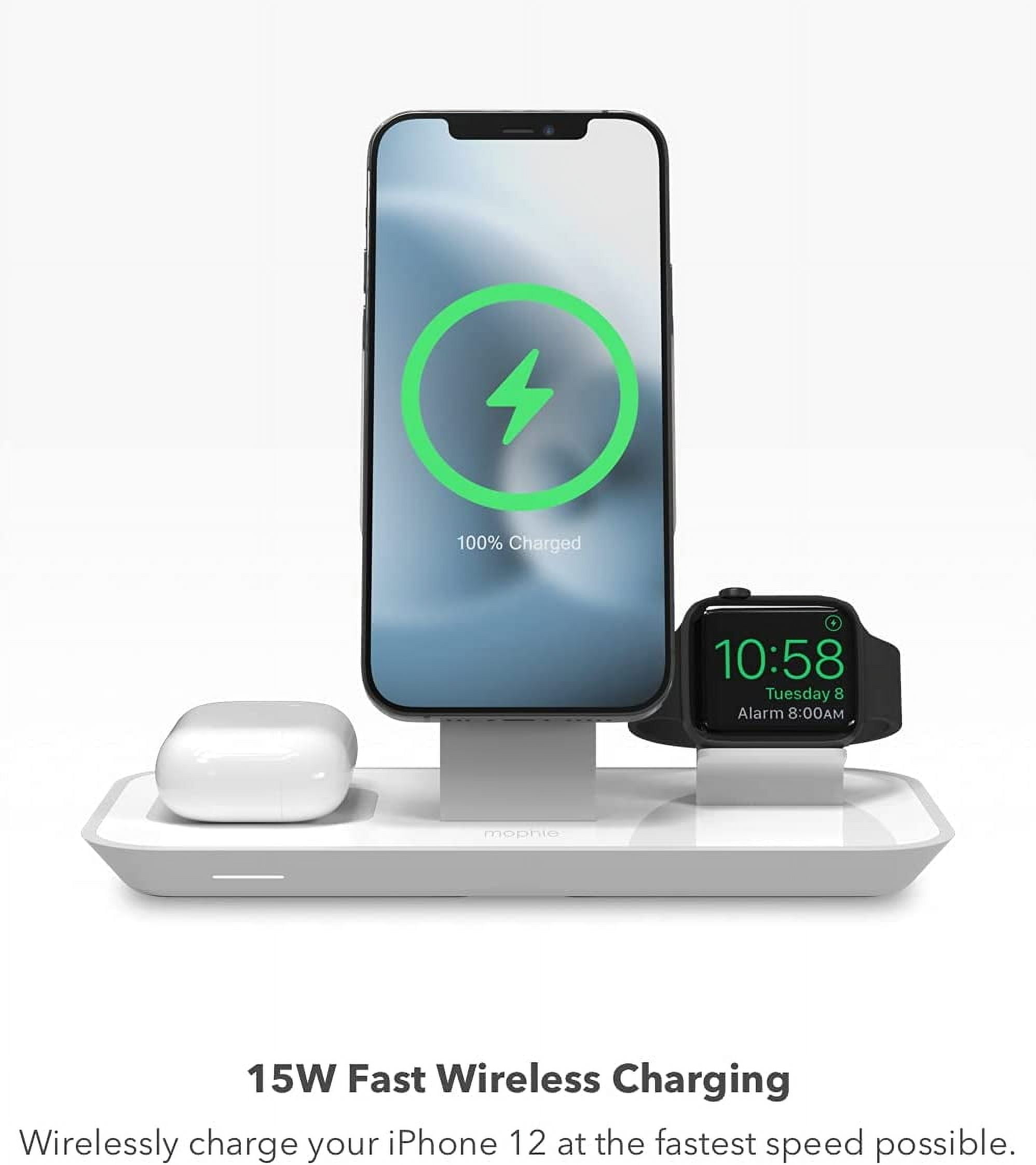 mophie 3-in-1 Magsafe Wireless Charging Stand for Apple iPhone AirPods/AirPods Pro & Watch 15W Super-Fast Charging Stylish Gloss Finish - White (MagSafe charger not included)