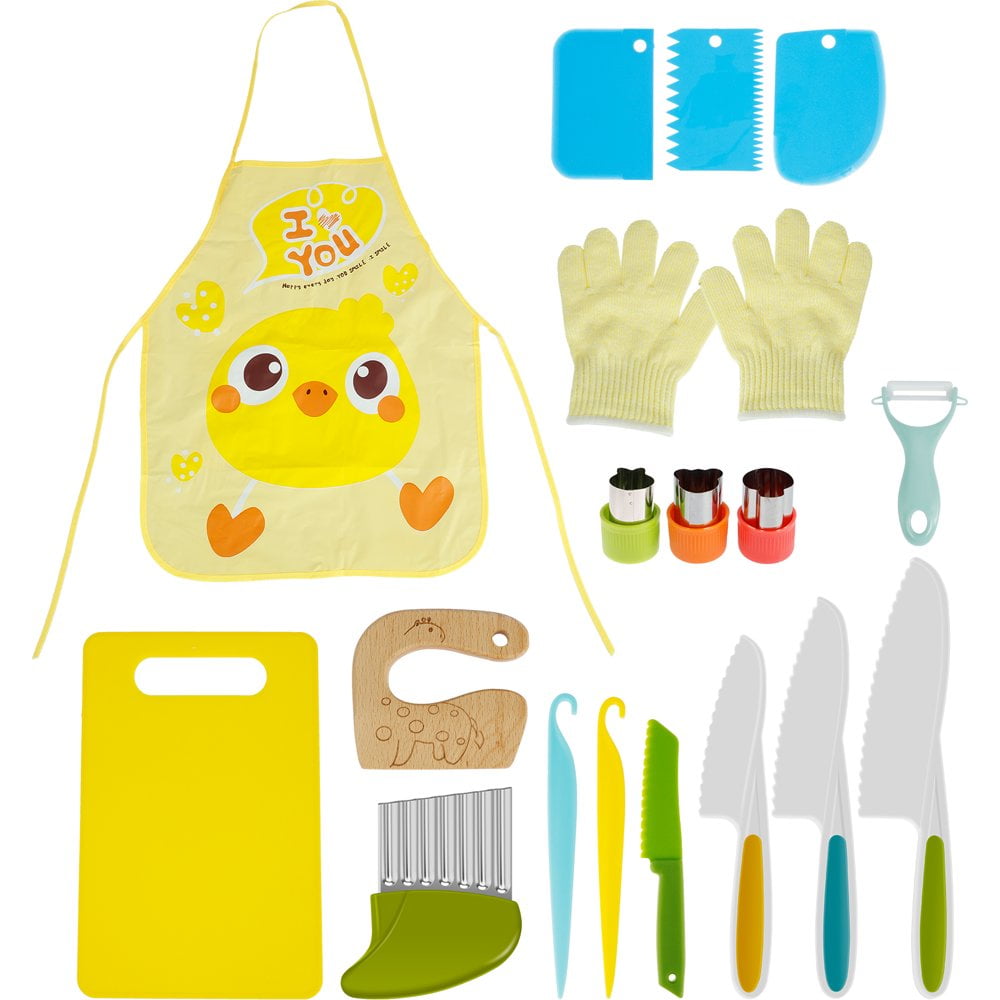 14PCS Kids Knifes for Real Cooking Wooden Kitchen Kids Knife Set for Chopping Toddler Plastic Children Cooking Knives with Potato Slicer  Cutting Board  Peeler