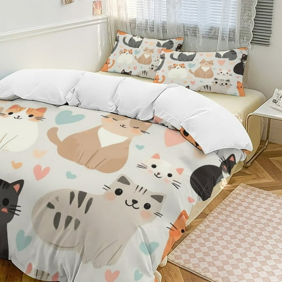 Cute Cats Hearts Pattern Set Duvet Cover Themed Multicolor Polyester Bedding Set Duvet Cover for Twin Size