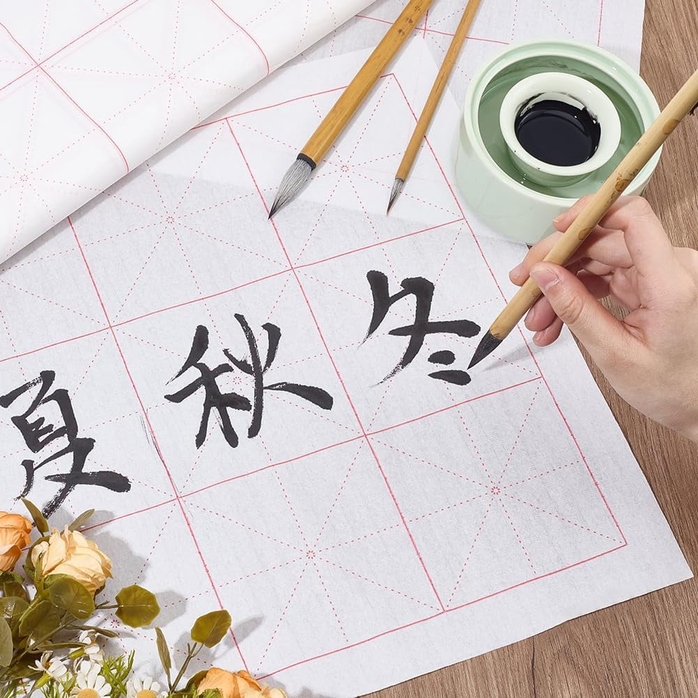 100 Sheets White Chinese Calligraphy Xuan Paper 25.7x13.6 Inch White Rice Paper with Grids DIY for Brush Writing Traditional Chinese Japanese Practice Paper DIY for Calligraphy Lover Beginner
