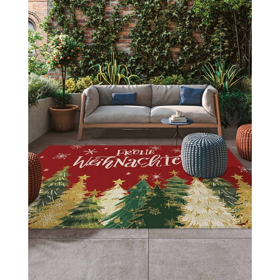 Christmas Outdoor Rug, Green Xmas Tree Snowing Frohe Weihnachten Red Large Outdoor Patio Area Rugs Non Slip Outside Floor Mat Carpet for Backyard/Deck/Porch/Balcony, 6x9 ft