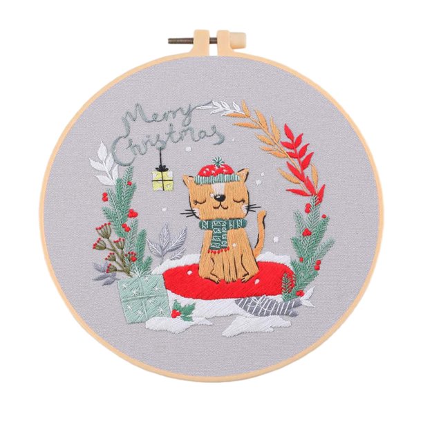 Kit de bordado navideño, conjunto de manualidades, accesorios, decoración creativa para el hogar, paquete de material de bricolaje, lindo aro de Gato