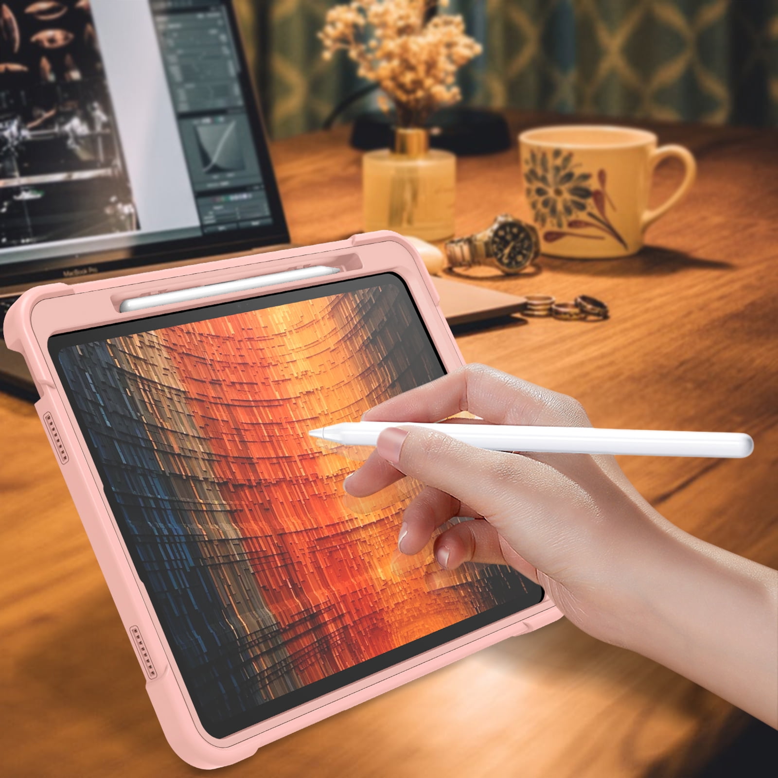 Dteck Case for iPad Air 13-inch (M2) 2024, iPad Air 13 Inch Case with Kickstand and Pencil Holder, Heavy Duty Shockproof Protective Cover for Kids,Rosegold
