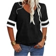 thumbnail image 2 of Stripe Sleeved Women Summer Casual V-neck T-shirt Loose Simple Tops, 2 of 6