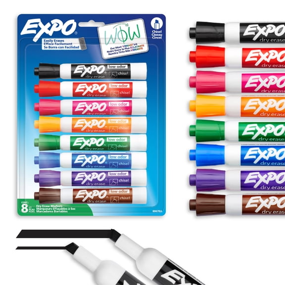 EXPO Dry Erase Markers, Low Odour Ink, Chisel Tip, Assorted Colours, 8 Count