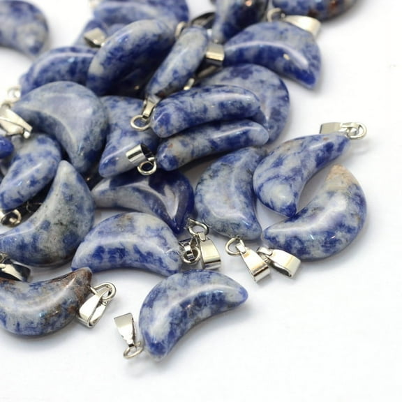 Moon Natural Blue Spot Jasper Pendants with Platinum Tone Brass Findings 21~24x12~14x5~6mm Hole: 2x7mm