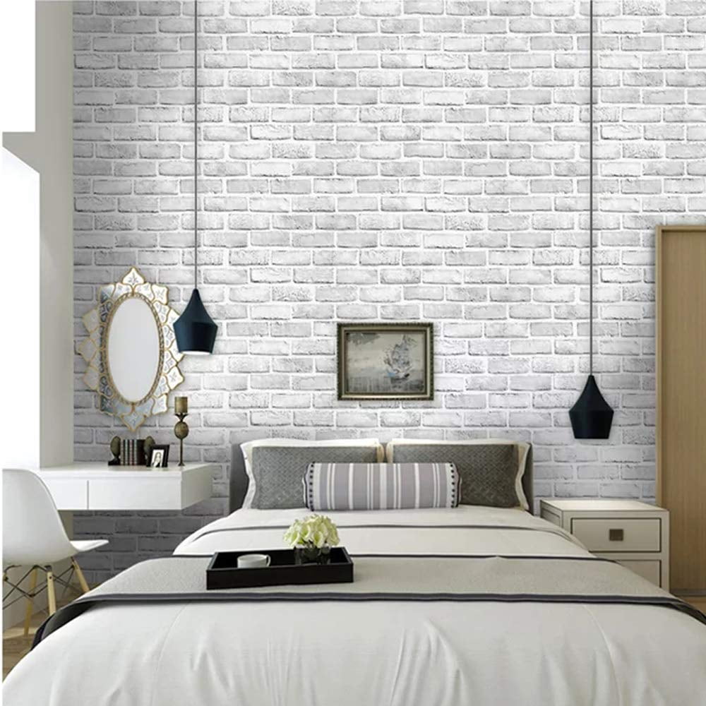 White Gray Brick Wallpaper, 3D Effect Vintage Blocks Peel and Stick Wallpaper, 17.7" x 32.8ft