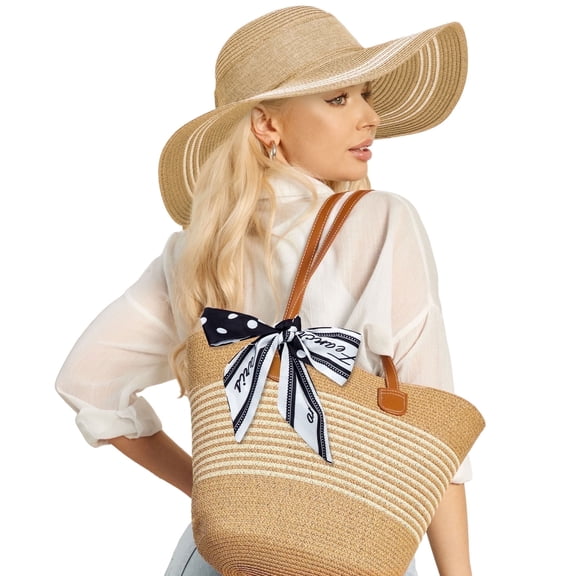 KOITHOT Straw Hats and Bag for Women Wide Brim UPF 50 Women Summer Sun Hat for Beach, Khaki