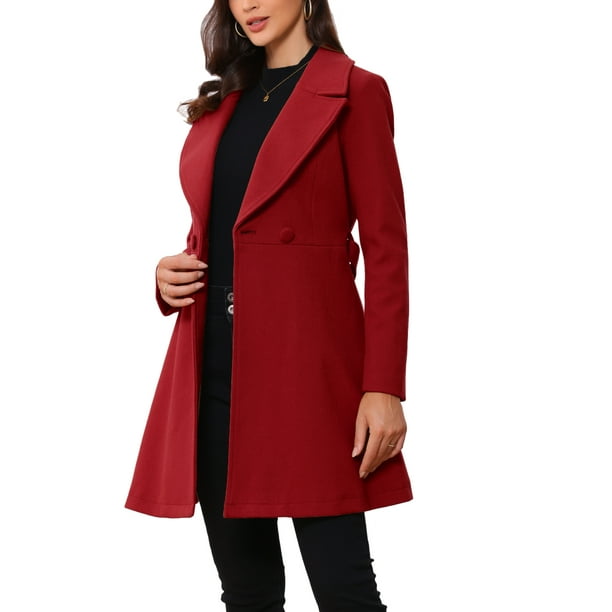 Abrigo elegante Inspire Chic para mujer, con cuello de chal, abrigo largo con cinturón de invierno, color rojo oscuro