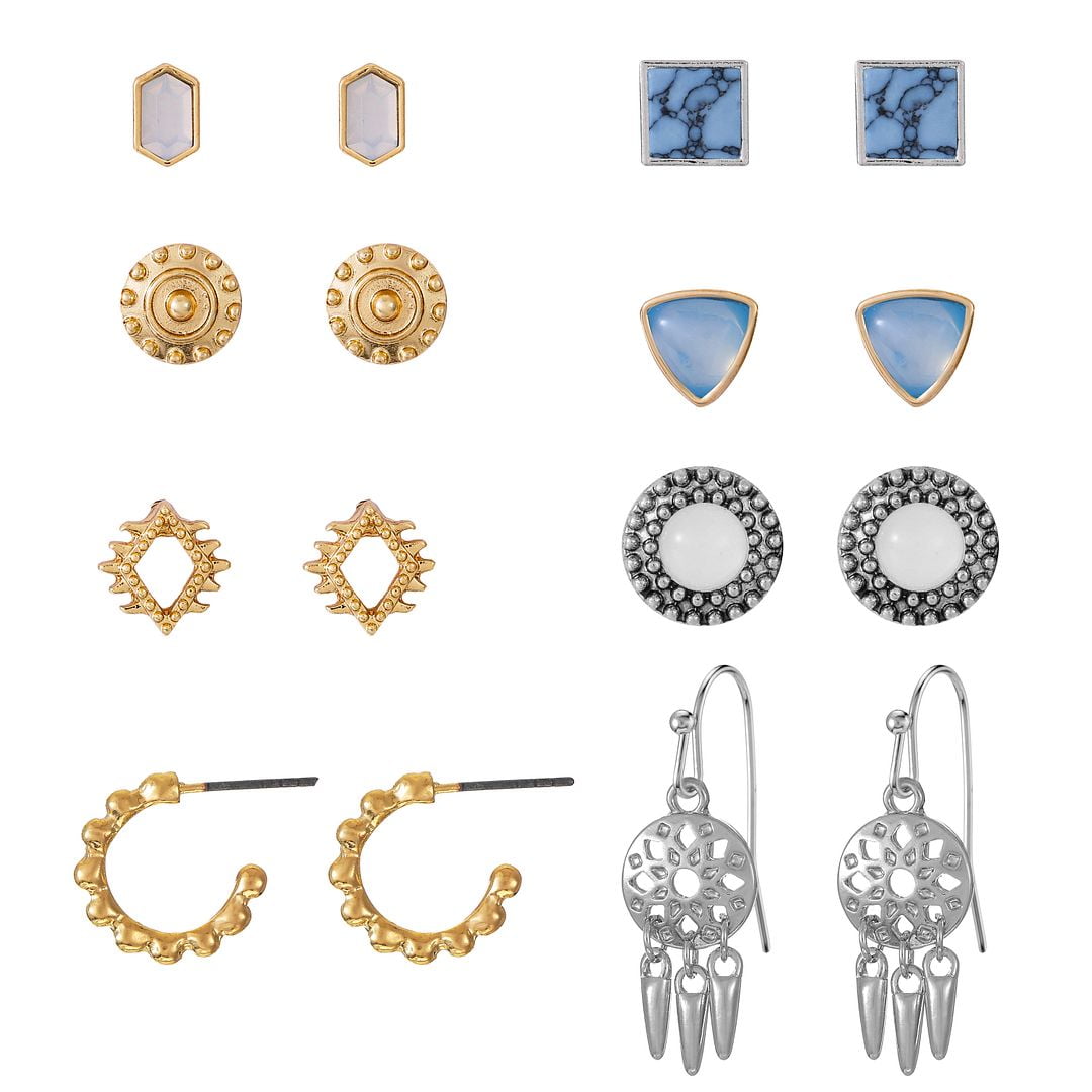 Time and Tru Women's Jewelry, Mixed Metal Earrings, Studs/Hoops with Blue Stone, 9 Pairs