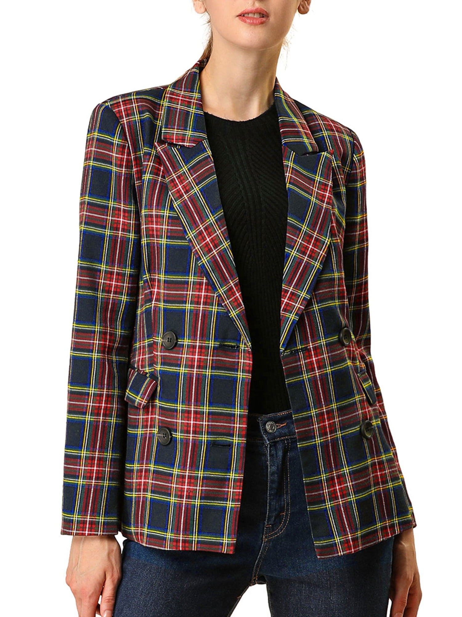 Allegra K Allegra K Women's Notched Lapel Double Breasted Plaid