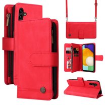Feishell for Samsung Galaxy A14 5G 6.6 inch Zipper Wallet Case with Wrist Strap & Shoulder Strap,Premium PU Leather Magnetic Clasp Flip Holder Card Slots Crossbody Phone Case for Women Men,Red
