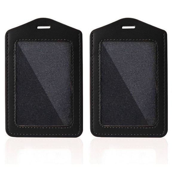 Larpur 2 Packs Office Leather Badge Holders, Durable Schoole Vertical ID Card Case Holders with Clear ID Window, Black