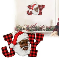 Lssam Black Santa Decorations and Ornaments, Wall Hanging Wooden Joy Sign, African American Christmas Decor with Red Buffalo Plaid for Indoor Outdoor Holiday Home Decor