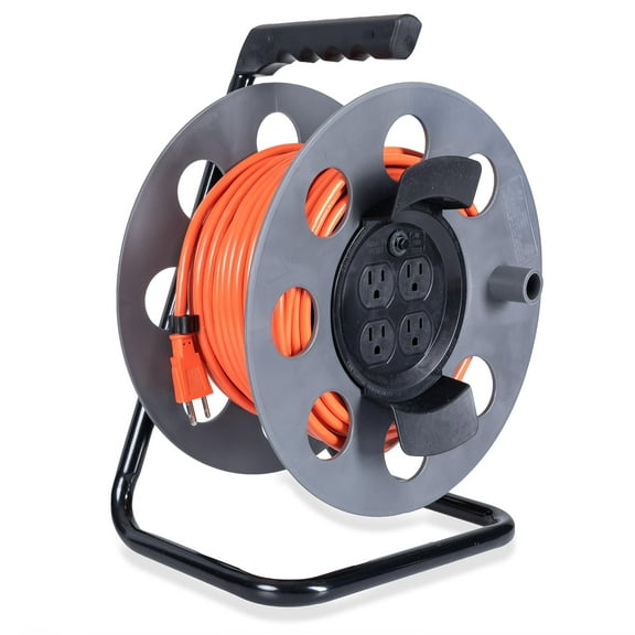 IRON FORGE CABLE 75 Ft Extension Cord Reel with 4 Electrical Power Outlets & Breaker Switch - 16/3 SJTW Heavy Duty Orange Cable with 3 Prong Grounded Plug, Portable Cord Reel