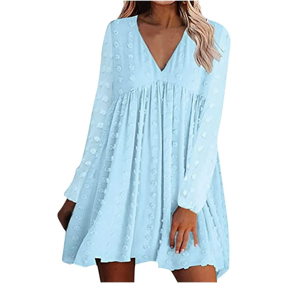 Aoochasliy Fall Dresses for Women Clearance Fall Fashion Autumn Winter Solid Blouse V-Neck Chiffon Long Sleeve Dress Christmas Deals