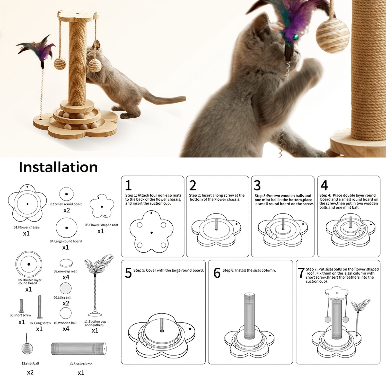 4-in-1 Indoor Cat Activity Center, Wooden Scratching Post 15.7" with Horizontal Ball Tracks, Feather Toy & Sisal Suspension Balls – Kitten & Adult Cat Toy