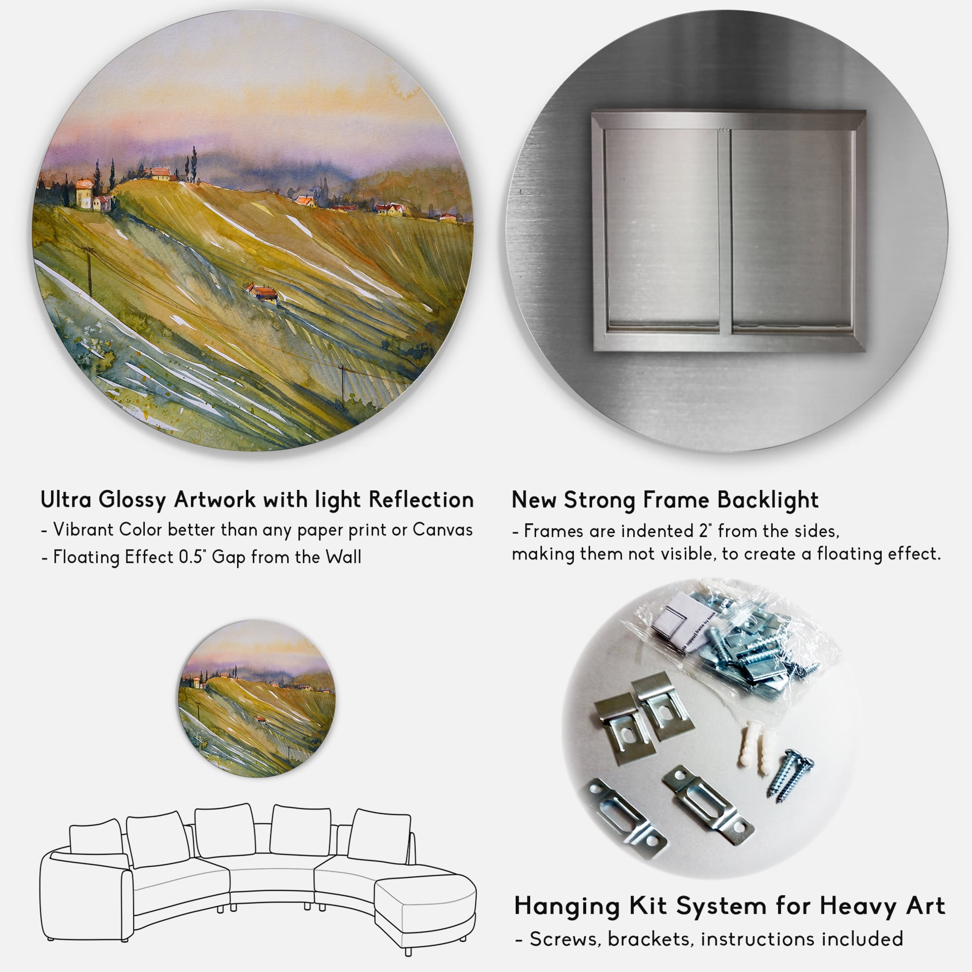 Designart 'Vineyard At Morning In Tuscany Italy' Country Circle Metal Wall Art 29x29 - Disc of 29