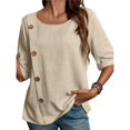 thumbnail image 1 of Camiseta Informal Holgada de Corta con Cuello Redondo y Botones de Algodón y para Mujer, Estilo Formal y de Trabajo Caqui L, 1 of 7