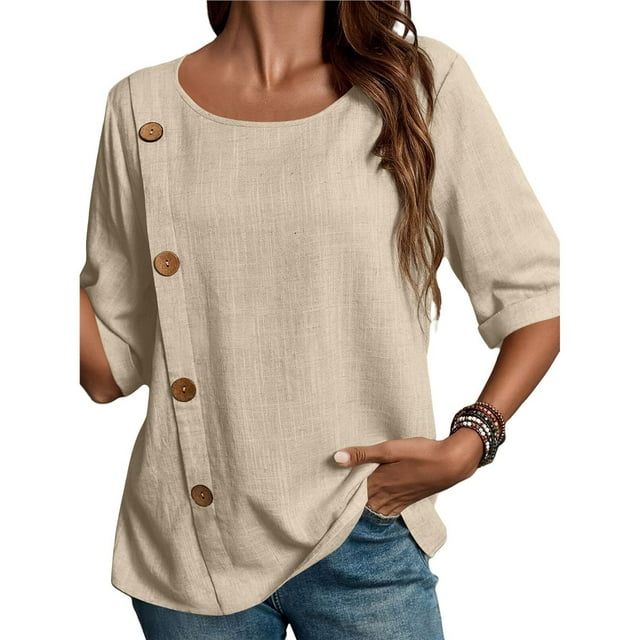 Camiseta Informal Holgada de Corta con Cuello Redondo y Botones de Algodón y para Mujer, Estilo Formal y de Trabajo Caqui L