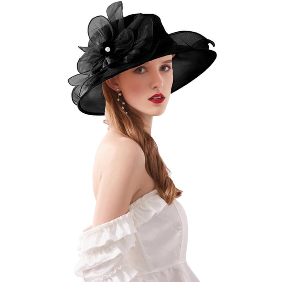 RZTA Sombrero de vestir de iglesia Kentucky Derby para mujer, ala ancha, flor de hoja, sombrero de despedida de soltera