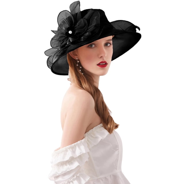 RZTA Sombrero de vestir de iglesia Kentucky Derby para mujer, ala ancha, flor de hoja, sombrero de despedida de soltera