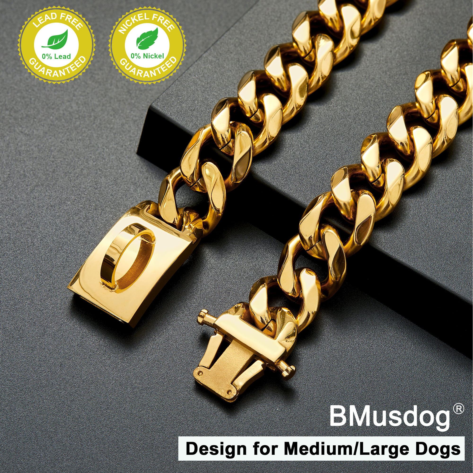 W/W Lifetime Dog Chain Collar Walking Training Collar with Design Secure Buckle 19MM Black Cuban Link Strong Heavy Duty Chew Proof Chain for Medium Large Dogs American Pitbull German Shepherd