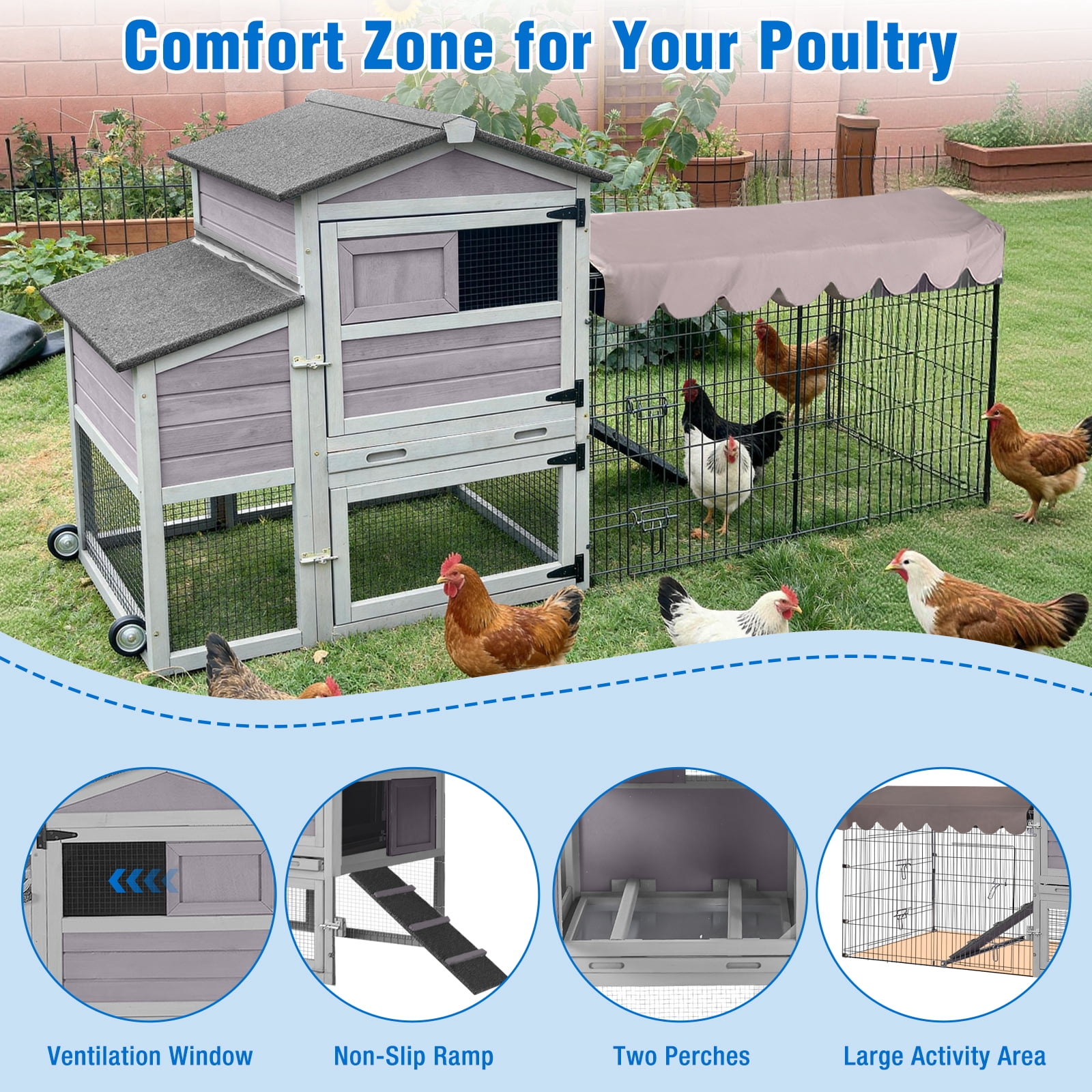 Suumerpety Chicken Coop with Wheels & Metal Run for 4-6 Chickens, Chicken House with Leak-Proof Tray, UV-Resistant Roof & Nesting Box for Outdoor Backyard, Gray