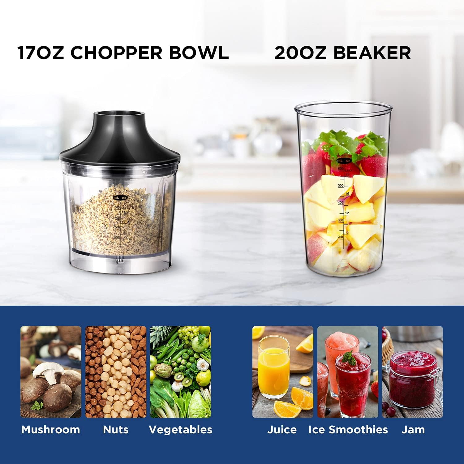 Immersion Hand Blender, Brushed Stainless Steel, Multipurpose Stick Blender with 500 , 600ml Beaker, 500ml Chopper and Whisk, Perfect for Baby Food, Smoothies, Sauces and Soups, Black