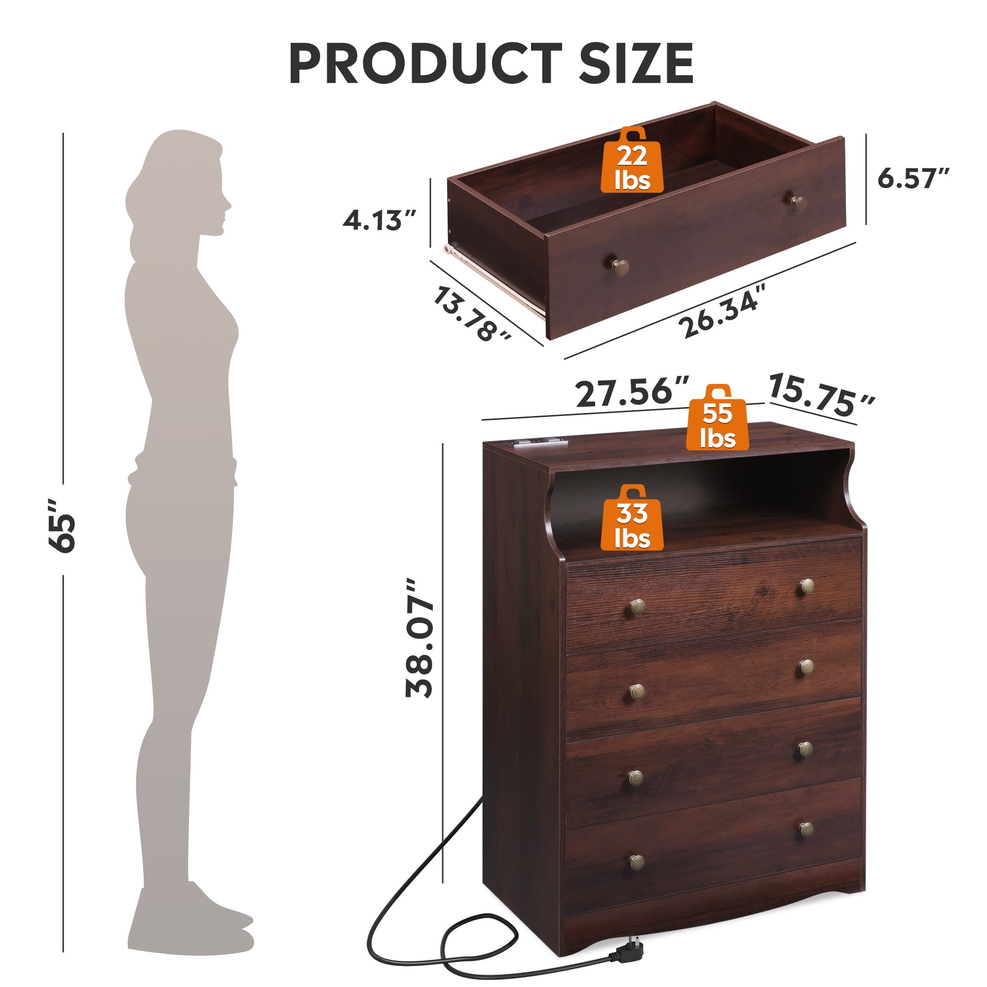 GALAXHERO 4 Drawers Dresser for Bedroom, Rustic Brown Tall Dressers with  LED Open Shelf, Modern Chest of Drawers with Charging Station, Wood Closet Clothes Organizer Storage Cabinet