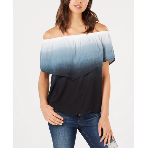 Ultra Flirt Juniors' Off-The-Shoulder Flounce Top (Black Ombre, S)