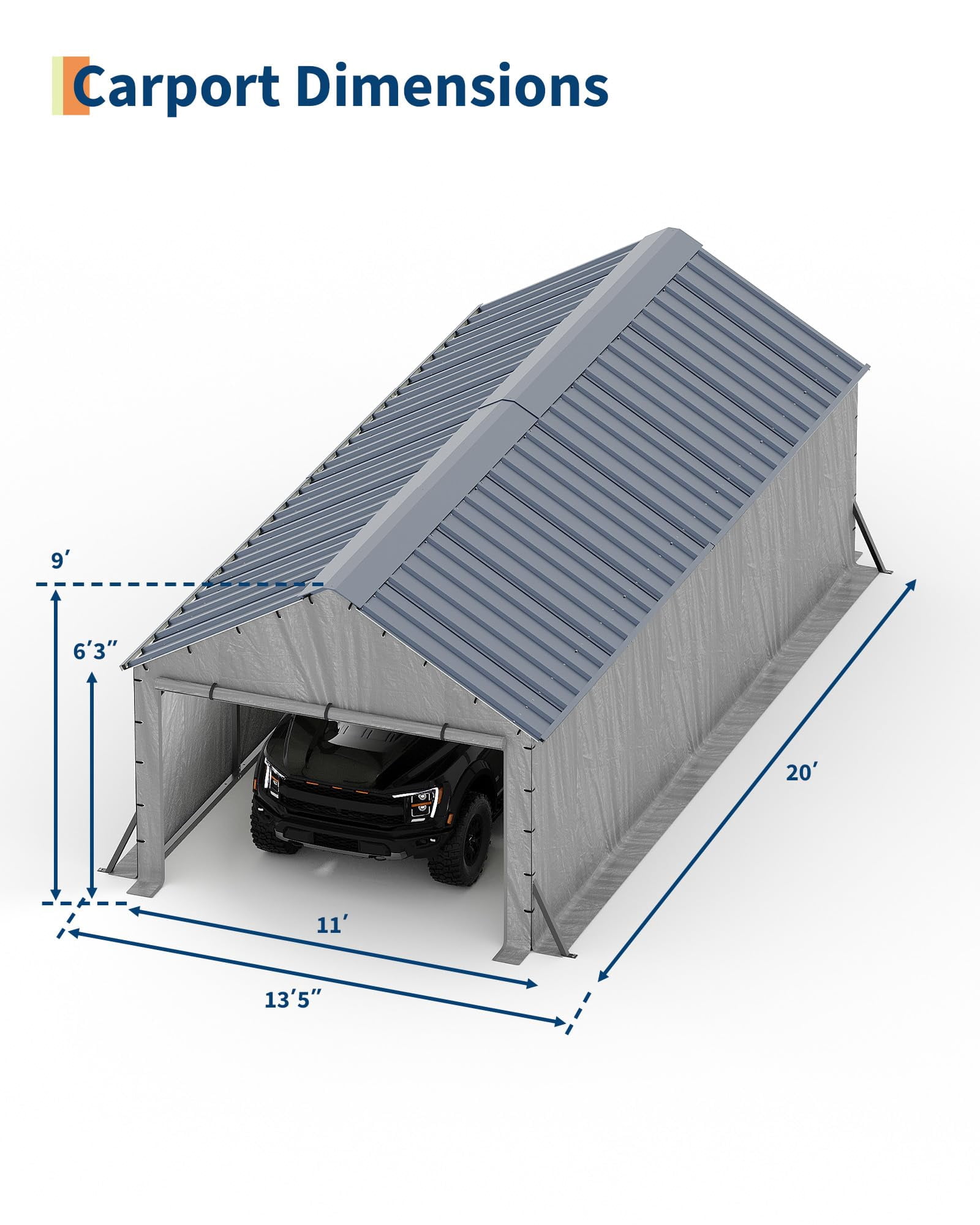 11'x20'x9' Vertical Roof Metal Carport, Enclosed Car Ports with Heavy Duty Steel Frame, for All-Weather, for Full-Size Pickup Trucks, Boats, and Tractors