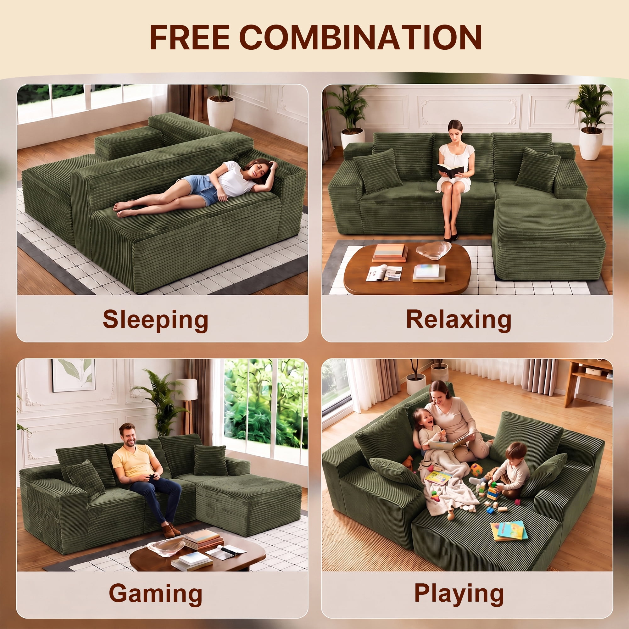 Aukfa 108" Cloud Sectional Sofa Oversized Boneless Couch Modular L-Shaped Sofa, Right Chaise Corduroy Sofa for Living Room, Green