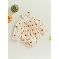 thumbnail image 3 of Wassery Infant Newborn Baby Girl Clothes Halloween Outfits Pumpkin Print Jumpsuit Long Sleeve Cotton Linen Romper + Bow Headband 0-24 Months, 3 of 9