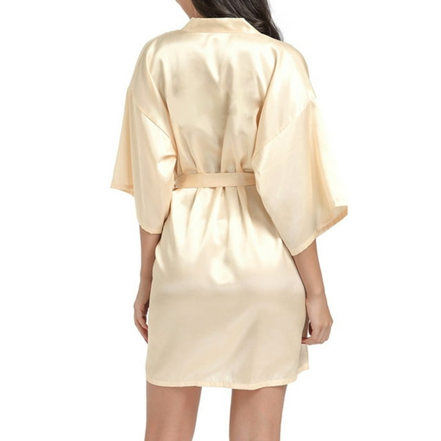 ETHKIA Women’s Soft Satin Robe for Women – Full Length Kimono Bath Gown and Dressing Robe for Luxe Comfort Light Yellow S