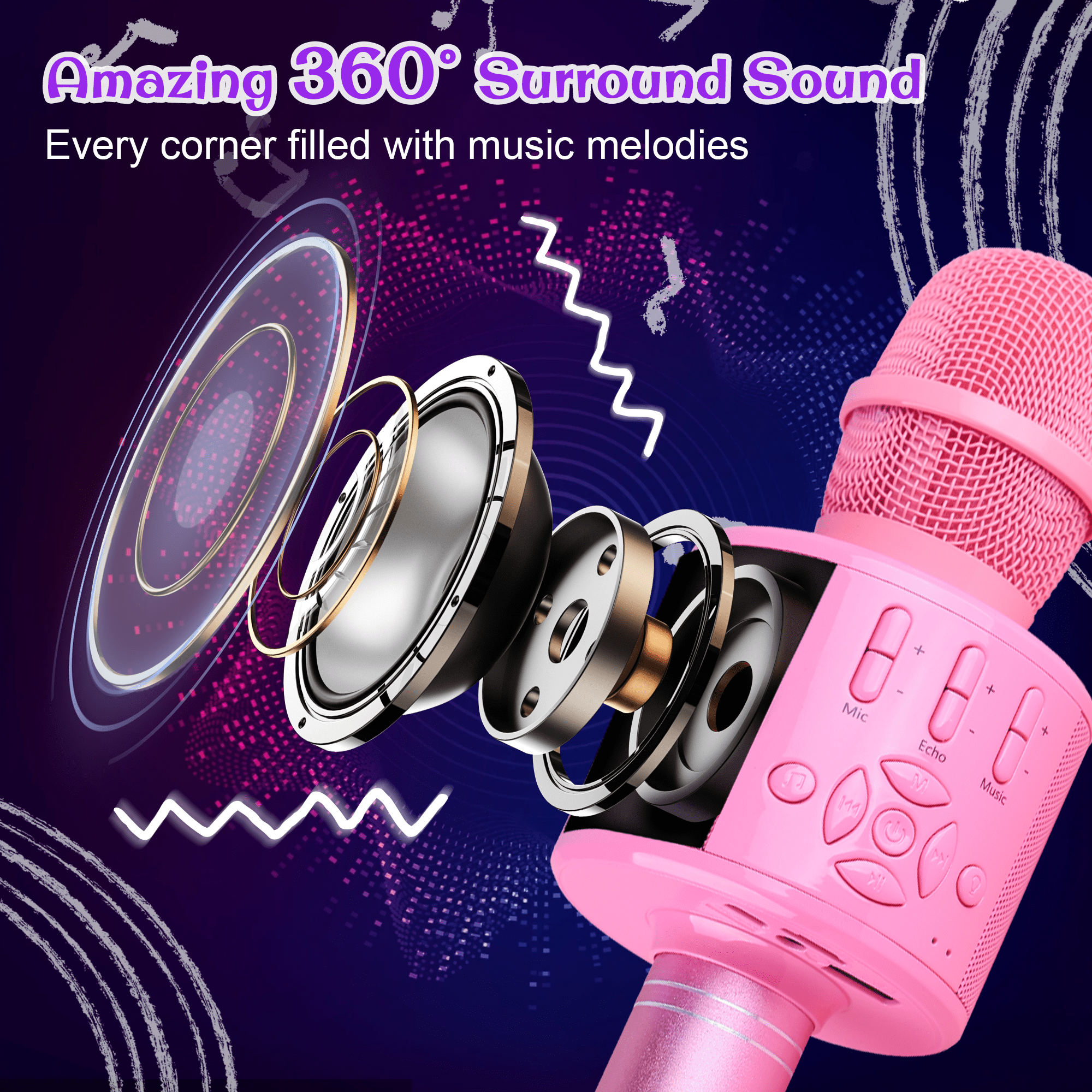 Bonaok Bluetooth Wireless Karaoke Microphone, Portable Handheld Karaoke Machine with LED Lights, Bluetooth Microphone Speaker Singing Gift for Kids Adults(Pink)