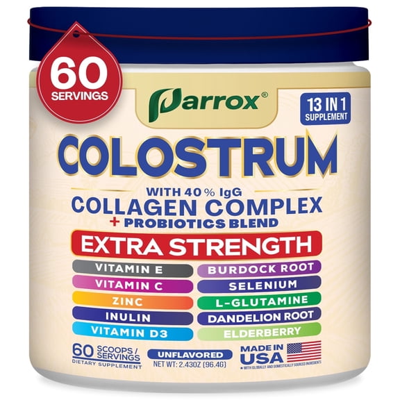Parrox Colostrum Powder with 40% IgG, Collagen, Probiotics, Burdock Root,  L-Glutamine, Elderberry, Vitamin C, Vitamin E, Vitamin D3, Inulin, Selenium, Dandelion Root, Zinc, 60 Servings (Unflavored)