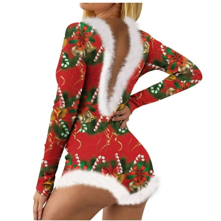 

Dadaria Pajamas for Women Soft Comfy Christmas Not Positioned Print V-neck Backless Feather Detail Long Sleeve Bodysuit Lingerie Pajamas Red XL Women