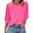 thumbnail image 4 of Agkizg Women's Crew Neck 3/4 Sleeve Blouse Chiffon Ruffled Flare Sleeve Ruched Back Button Solid Color Top, 4 of 5