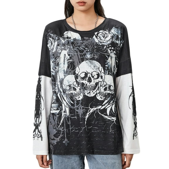 Michellecmm Women Grunge T-Shirt Vintage Skull Print Long Sleeve Tops Streetwear