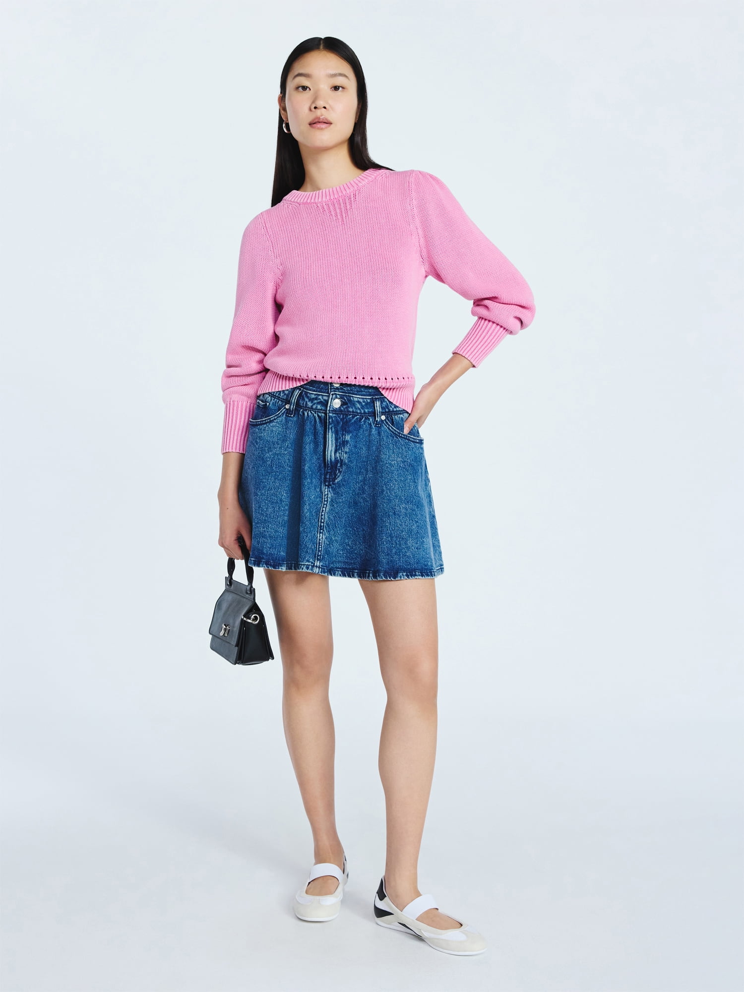 Scoop Women’s Acid Wash Cotton Sweater with Long Puff Sleeves, Midweight, Sizes XS-XXL
