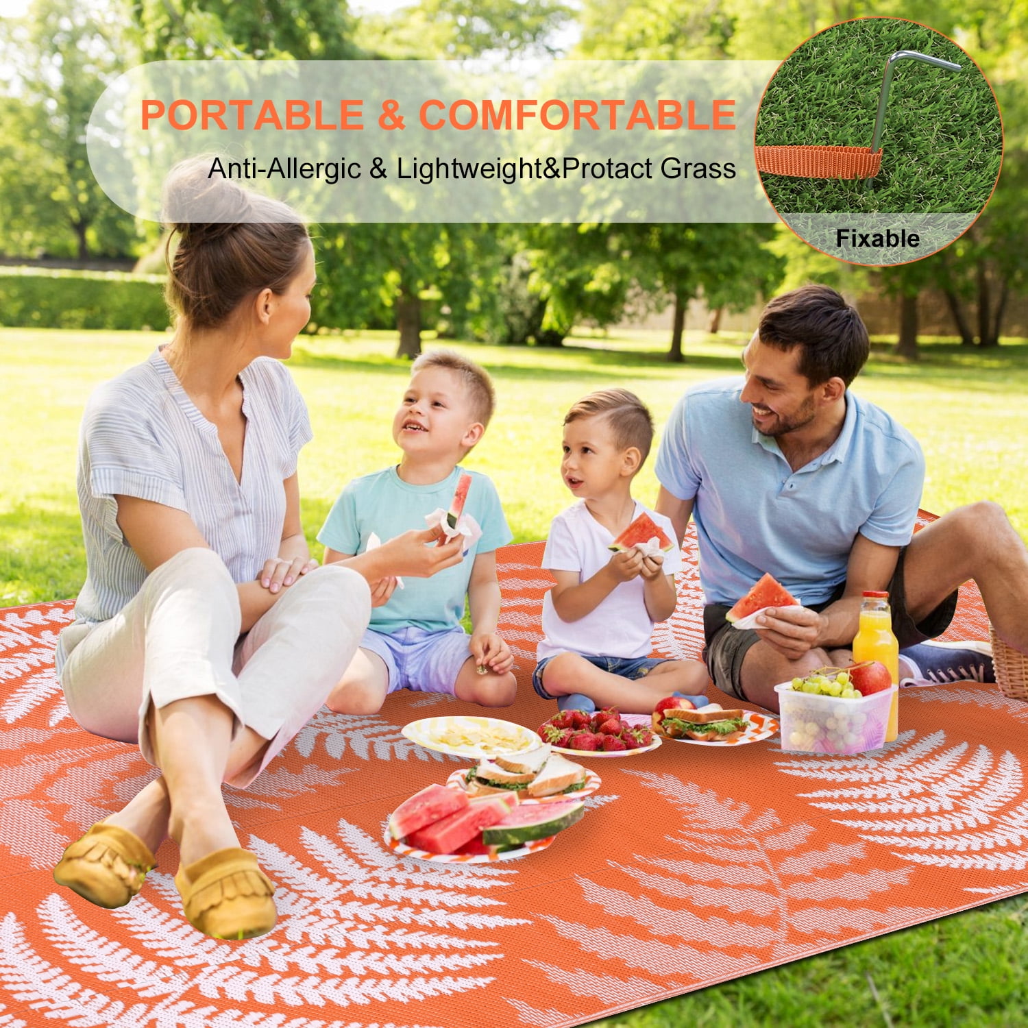 9'x12' Outdoor Rugs for Patios, Yamaziot Patio Rug RV Mats, Waterproof Reversible Plastic Straw Camping Rug for Deck Porch Balcony Beach Tropical, Palm Leaf Orange