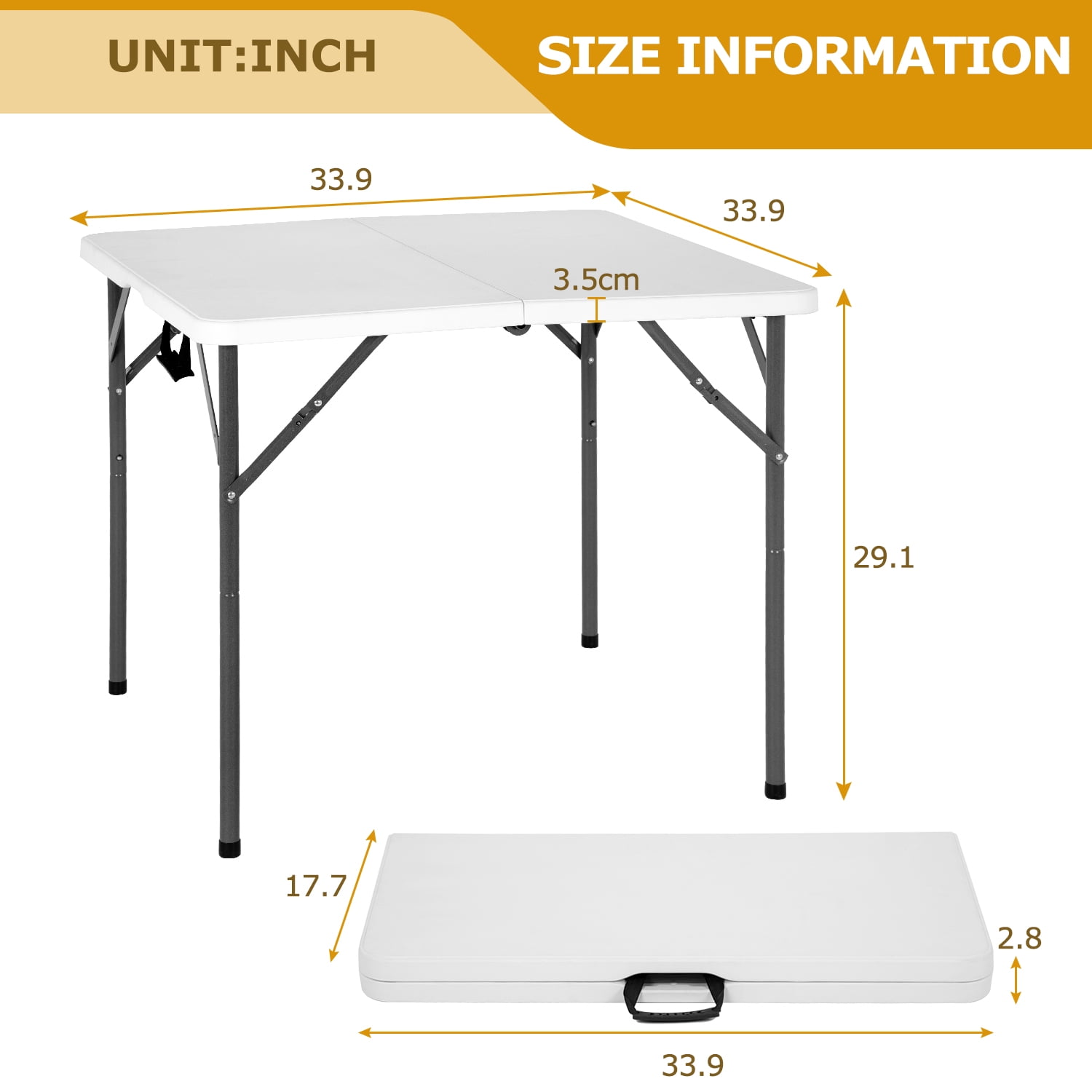 34" Small Folding Table Square Foldable Table Party Table with Handle Plastic Table Mesa Plegable Collapsible Dinning Table for Indoor& Outdoor,Easy to Use and Carry, White
